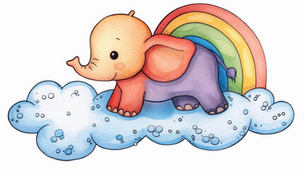 A vibrant elephant drifts amidst fluffy clouds, bursting with colors that spark joy and wonder in this whimsical illustration.