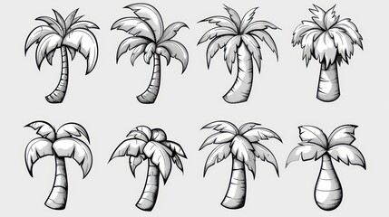 Explore a unique doodle set featuring exotic palm trees in diverse shapes and styles, perfect for any creative project.