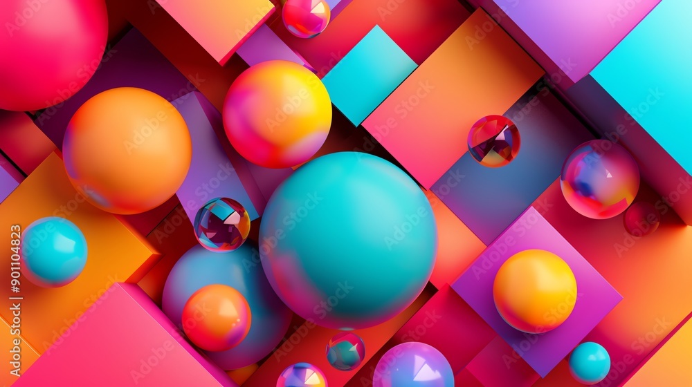 Poster abstract 3d render of colorful, glossy geometric shapes against a red background.