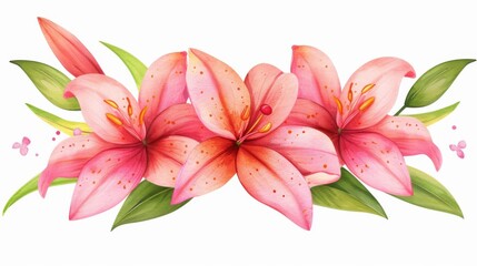 Bright pink lilies bloom gracefully against a clean white backdrop, showcasing vibrant color and delicate watercolor technique.