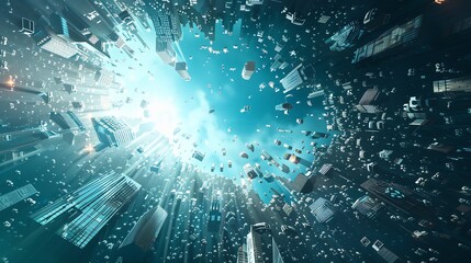 A city is falling apart and falling into a blue abyss.