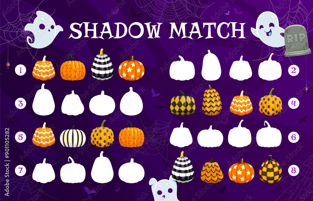 Poster help to halloween kawaii ghosts find a correct shadow of patterned pumpkins, kids game vector worksh