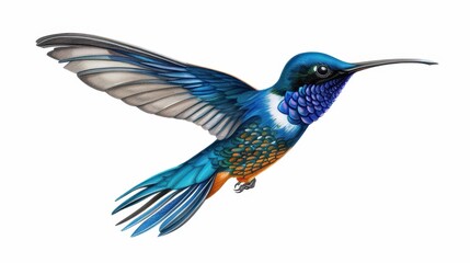 Obraz premium Vibrant watercolor of a hummingbird in flight, showcasing its vivid colors and dynamic motion in nature.