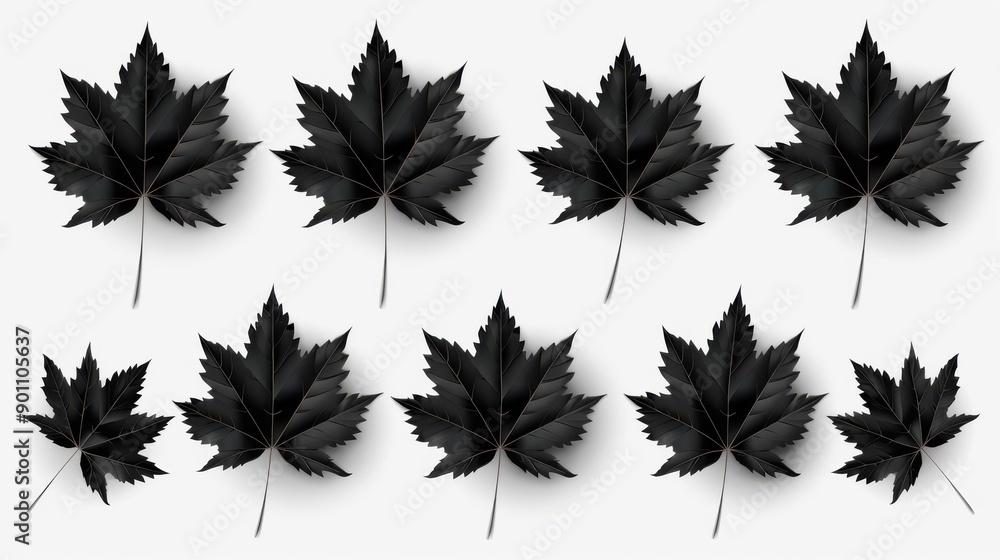 Poster stylish and simple maple leaf icons set in black, perfect for various design projects on a clean whi