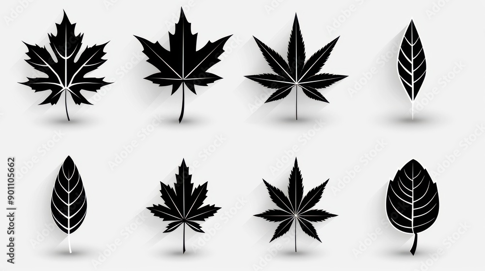 Poster stylish and simple maple leaf icons set in black, perfect for various design projects on a clean whi