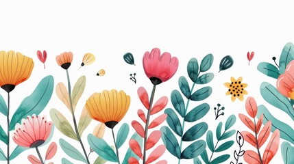 Bright and whimsical watercolor of a lush garden scene filled with vibrant flowers and lively foliage on a crisp white background.