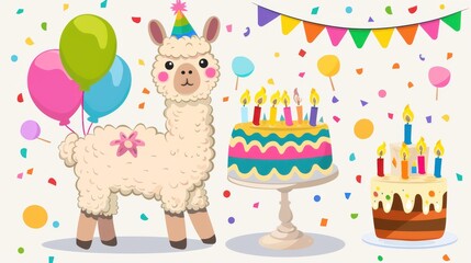 Obraz premium A whimsical llama celebrates with a birthday cake, colorful balloons, and a lovely floral blanket in soft watercolor hues.