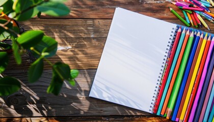 Colorful pencils arranged beside a blank notebook on a wooden table, perfect for creative projects and artistic inspiration.