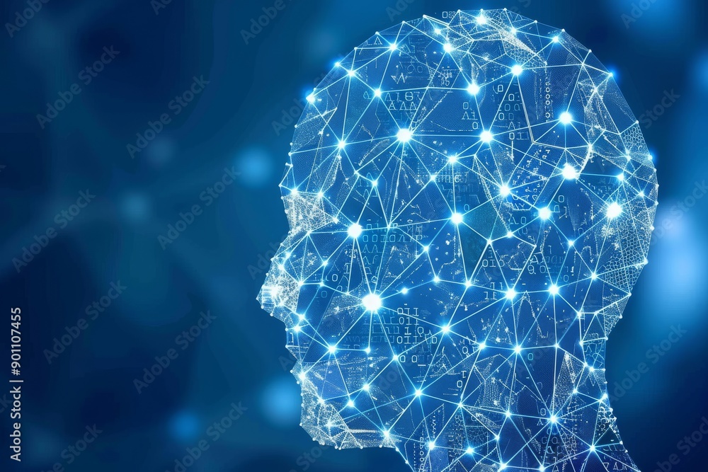 Poster digital head with glowing network representing advanced ai and connectivity