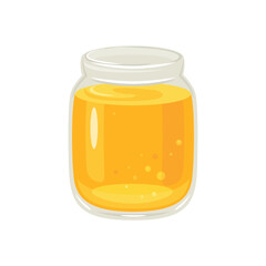 Honey in open glass jar. Vector cartoon flat illustration. Organic healthy sweets.