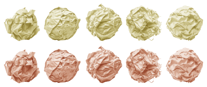 Collection set of pastel light yellow orange crumpled crushed scrunched paper ball on transparent background cutout, PNG file. Many different design. Mockup template artwork graphic