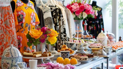 Stylish Morning Feast: Breakfast Surrounded by Designer Clothes for Fashionable Start to the Day