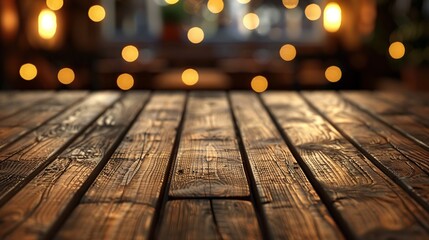 Rustic Wooden Table with Bokeh Lights