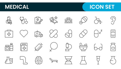 Set of Medical web icons in line style. Medicine and Health Care, RX. Medicine, check up, doctor, dentistry, pharmacy, lab, scientific discovery, collection.