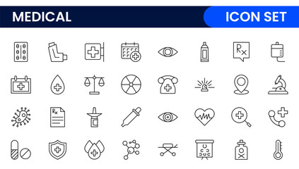 Set of Medical web icons in line style. Medicine and Health Care, RX. Medicine, check up, doctor, dentistry, pharmacy, lab, scientific discovery, collection.