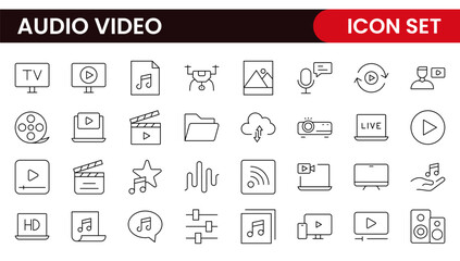 Audio Video Icons Pack. Thin line icons set. Flat icon collection set. Simple outline icons.