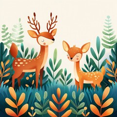 Cute illustration of a deer family in a forest. Adorable woodland scene with beautiful foliage, perfect for children's books or decor.