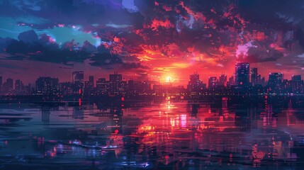 Fototapeta premium Breathtaking Sunset Over Urban Skyline Reflected in Calm Water on a Vibrant Evening. Generative AI