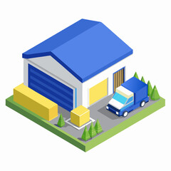 Freight truck near warehouse hanger isometric illustration on a isolated white background (21)