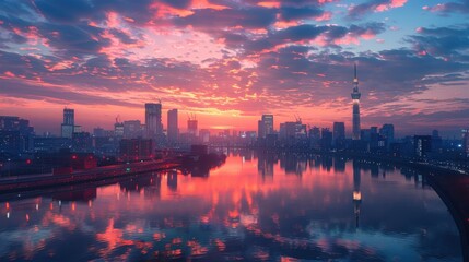 Vibrant Sunset Over Tokyo Skyline Reflected in Calm Waters. Generative AI