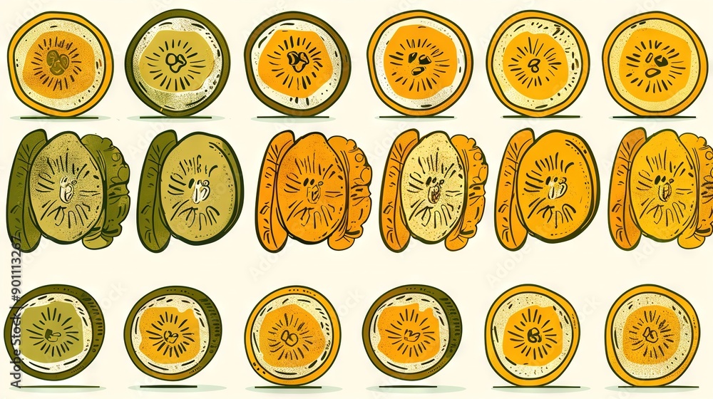 Poster a group of orange segments arranged in rows on a white backdrop against a plain white background