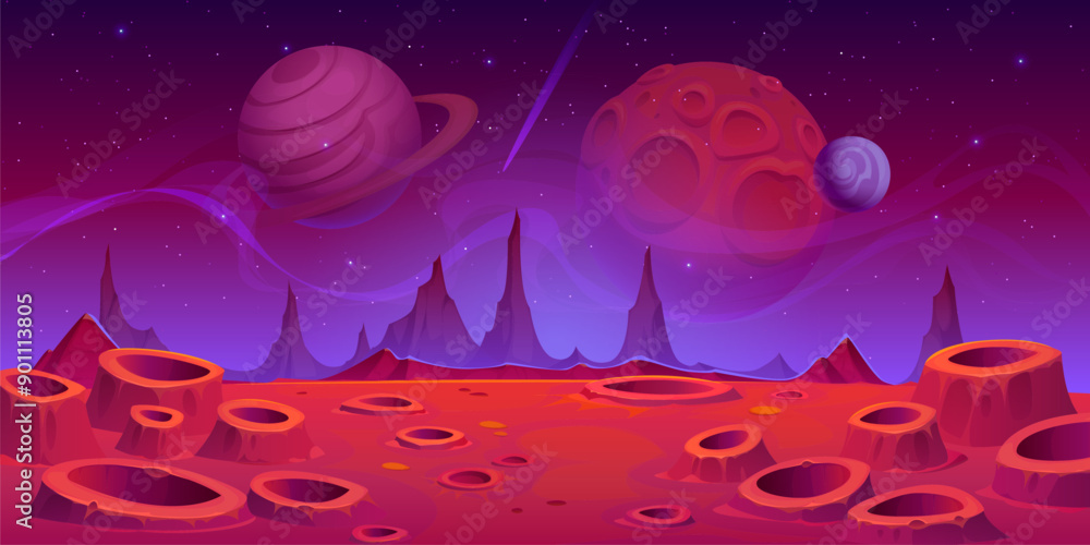Poster alien space planet surface background with craters and mountains under a starry night sky. vector ga