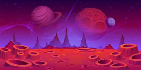 Alien space planet surface background with craters and mountains under a starry night sky. Vector game level scene, otherworldly landscape with alien Martian or Moon terrain and large planets above © Vector Tradition