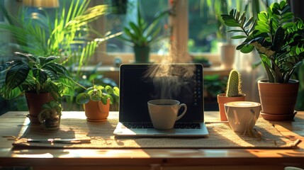 Morning Ritual: A cozy workspace bathed in warm sunlight, with a steaming cup of coffee beside an open laptop, surrounded by lush greenery. It's a tranquil scene that evokes a sense of calm and focus.