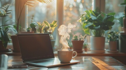 Fototapeta premium Morning Coffee and Laptop: A warm mug of steaming coffee sits on a wooden desk next to a laptop, bathed in the soft glow of morning light filtering through a window. The scene is filled with greenery,