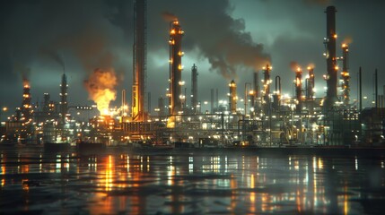Illuminated chemical processing plant with smoke billowing from chimneys against a night sky with reflective water surface