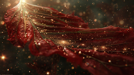   Red leaf with water droplets under bright light