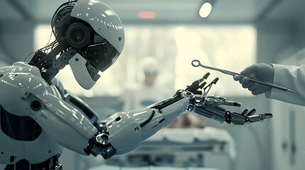 Fototapeta premium Robotic precision in the operating room as robotic assistant assists human surgeon with surgical instruments during complex medical procedure