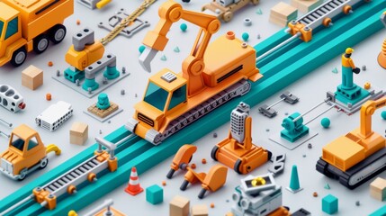 Fototapeta premium Miniature Construction Site with Toy Vehicles and Machinery