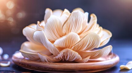   A flower in a wooden bowl on a table with scattered petals and blurry background