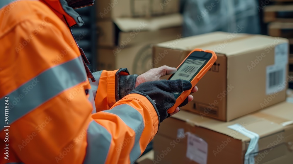 Poster worker in a warehouse scans barcodes on a package with a mobile device, showing focus and precision 