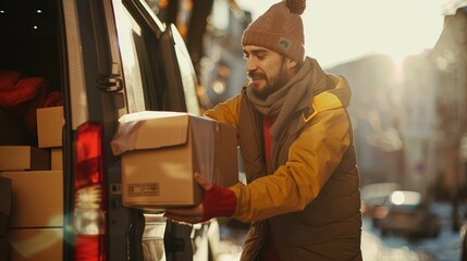 Delivery man is unloading packages from his van on a sunny winter day. He is taking a cardboard box out of the back of the vehicle