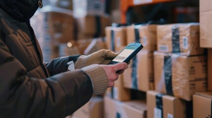 Warehouse worker is using a mobile device to scan the barcode of a package in a modern warehouse. The worker is wearing gloves to protect their hands