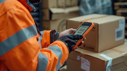 Worker in a warehouse scans barcodes on a package with a mobile device, showing focus and precision in logistics