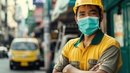 Fototapeta premium Delivery worker wearing a protective face mask is standing with his arms crossed in a busy city street. He is confident and ready to work