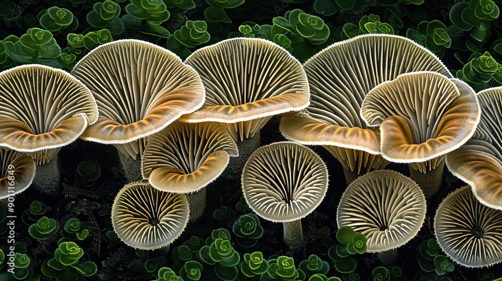 Poster a cluster of fungi resting atop a verdant expanse of grass near an array of foliage vegetation