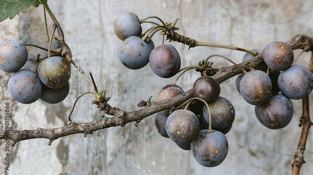 Poster close-up of grapes on a tree branch with stone wall in background