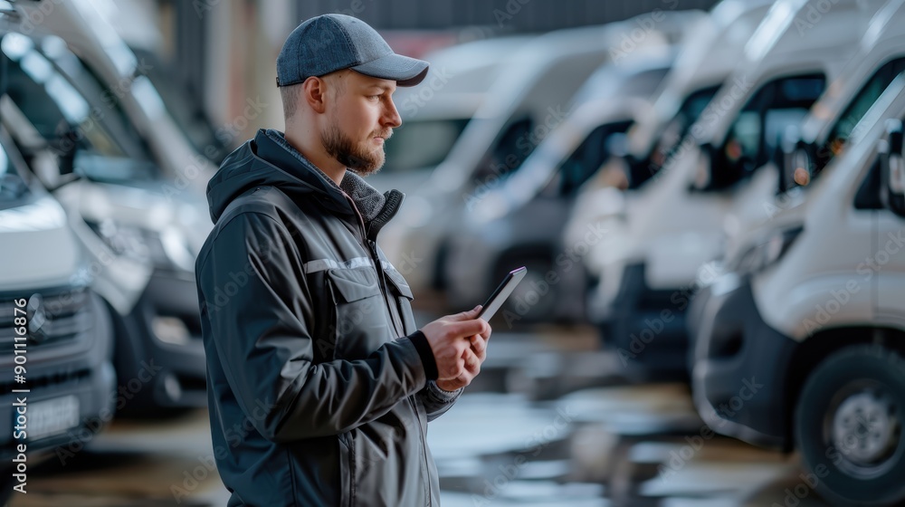 Poster fleet manager is busy checking his smartphone while inspecting a row of delivery vans in a bustling 