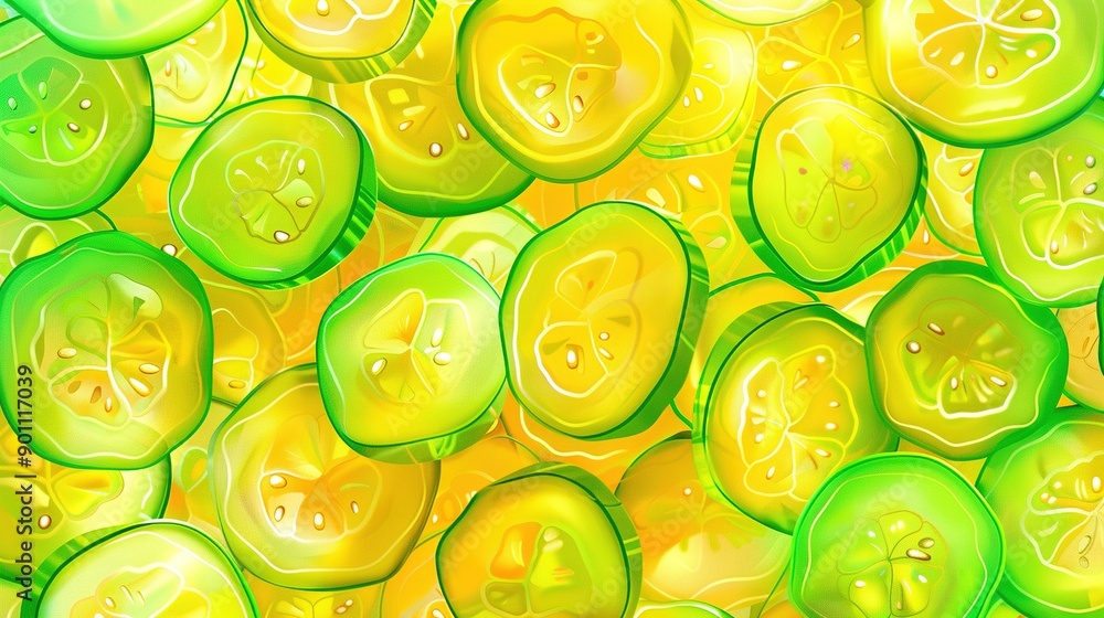 Poster a yellow countertop with various sliced cucumbers arranged neatly next to a pile of cucumber slices
