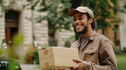 Smiling delivery man drops off a package at a house. Providing efficient service with a friendly and trustworthy demeanor. Perfect for urban and suburban neighborhoods. Making online shopping easy