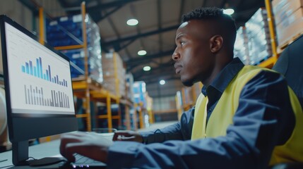 Focused logistics professional managing inventory in a modern warehouse, analyzing data and ensuring smooth distribution of goods