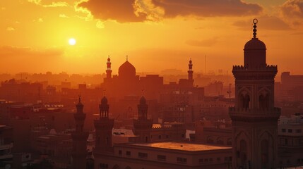 The cairo skyline is bathed in the warm glow of the setting sun, with numerous mosques and minarets silhouetted against the vibrant orange sky