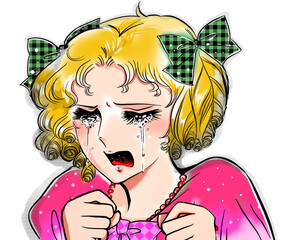 70年代少女漫画風金髪のお嬢様が失恋して泣き叫ぶイラストと透過背景