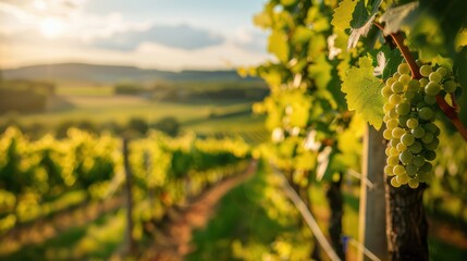 Naklejka premium Lush green grapevines are thriving in a vineyard, bathed in the golden light of the setting sun. The image evokes a sense of tranquility and the promise of a bountiful harvest
