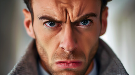 Obraz premium closeup of an angry man glaring in winter jacket with intense expression
