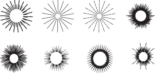 Sunburst. Radial sunlight vintage emblems, bursting rays sunrise. Firework starbursts, blast burst sunset star light sunshine spark. Explode, trendy sunbeam vector set